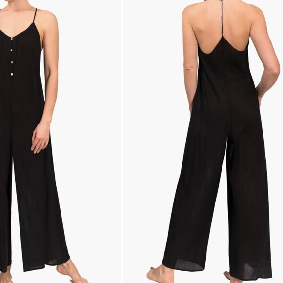 Kaitlyn Wide Leg Sleep Jumpsuit Black t-strap button front XXL Luxury Cottons - Picture 4 of 16